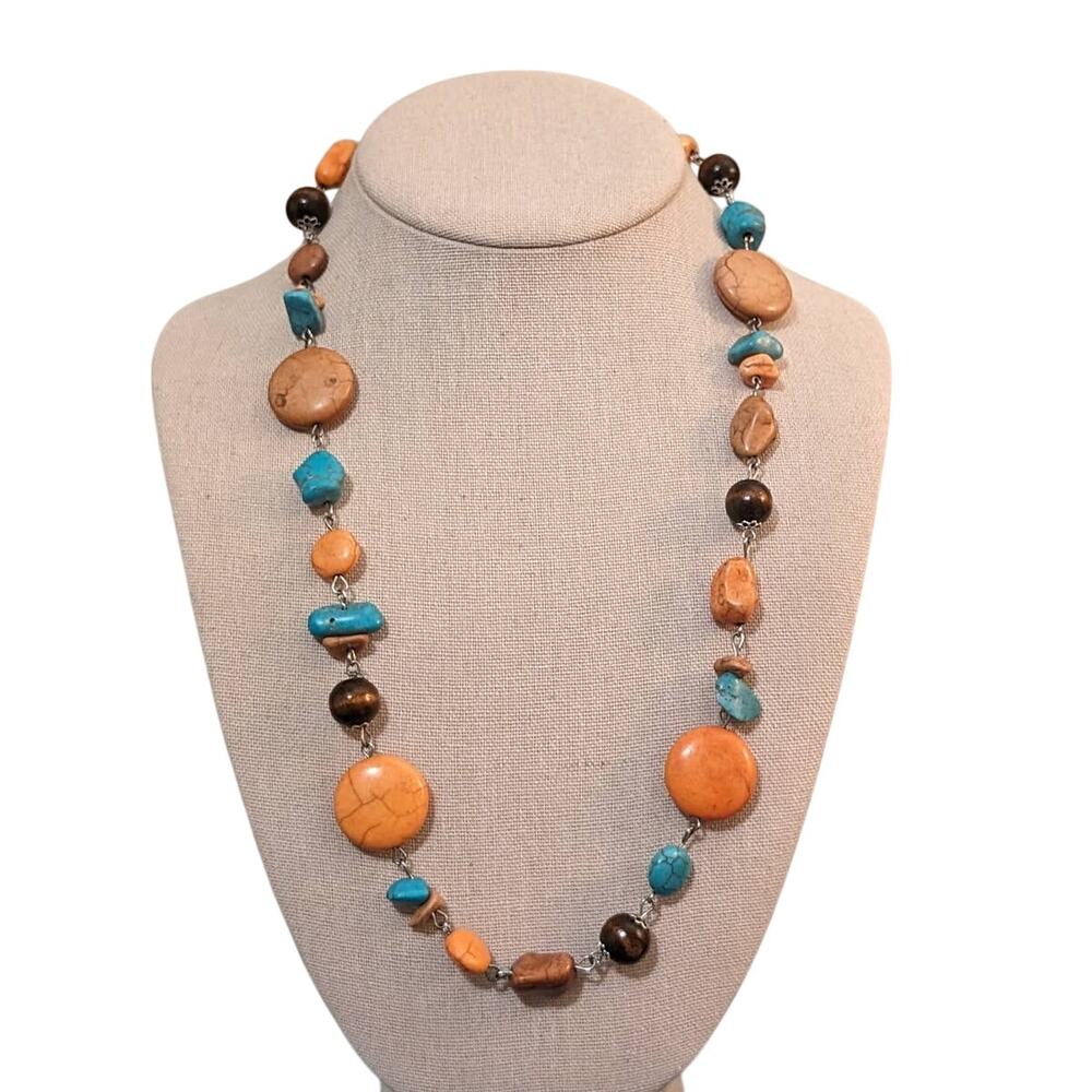 Howlite Stone in Orange, Blue and Beige w/ Brown Beads Necklace
